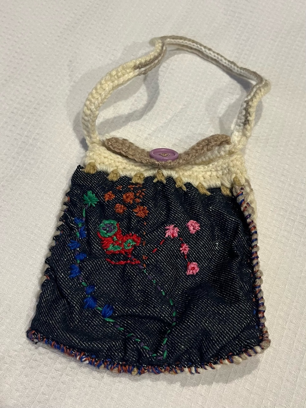 Handmade Denim & Crochet Mini Handbag Floral Embroidered Boho Small Pouch